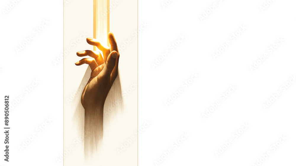 Wall mural Close up of human hand reaching out for a light beam. White background. Digital painting.