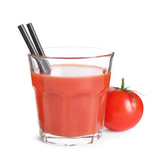 Tasty tomato juice in glass and fresh vegetable isolated on white
