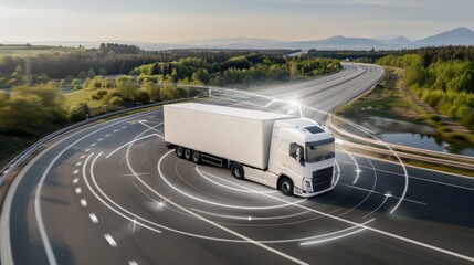 A white semi-truck with a gray trailer drives down a highway, with blue, circular, safety features displayed on the road surface around it