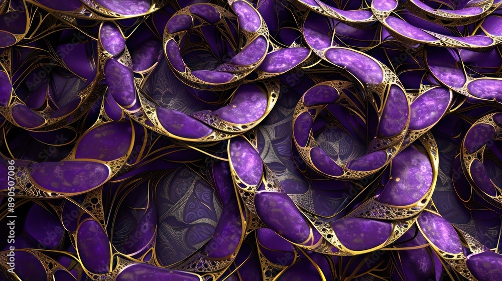 Poster rich purple and gold 3d tessellations with interlocking circular shapes, forming an intricate and me