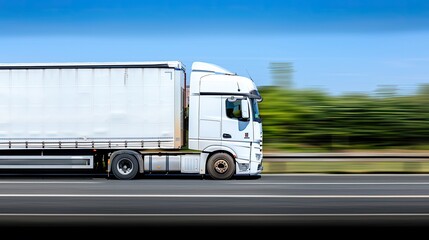 A white semi-truck with a gray trailer drives down a highway, with blue, circular, safety features displayed on the road surface around it