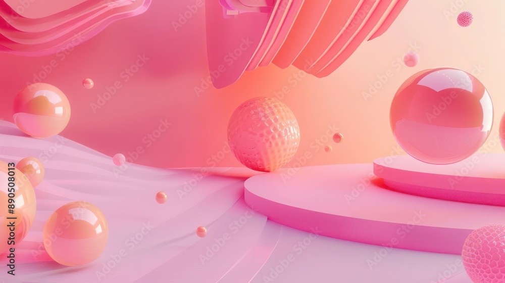 Poster surreal 3d background featuring distorted perspectives and floating objects in shades of pink and pe