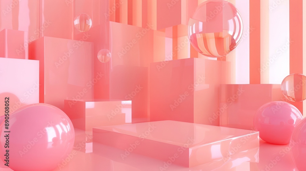 Poster surreal 3d background featuring distorted perspectives and floating objects in shades of pink and pe