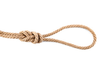 Hemp rope with loop isolated on white, top view