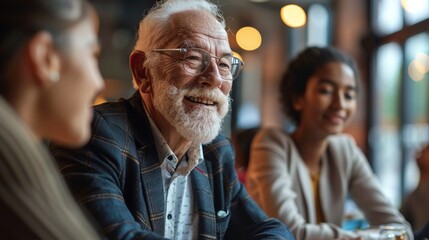 Obraz premium A man with a beard and glasses is smiling at a group of people