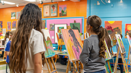 A group of students involved in an after-school art club activity. They are painting and drawing at easels in a brightly colored art room, with art supplies and completed works displayed 