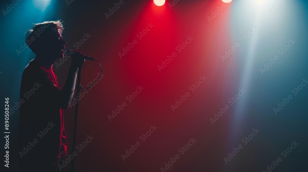 Poster a man singing into a microphone in front of a red background