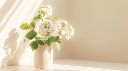 Naklejka premium White bouvardia in vase on table, in warm sunlight through window