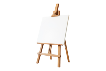Wood art easel stand with a blank canvas isolated on transparent background