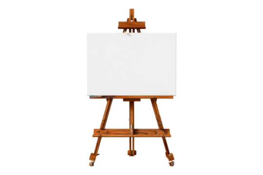 Wood art easel stand with a blank canvas isolated on transparent background