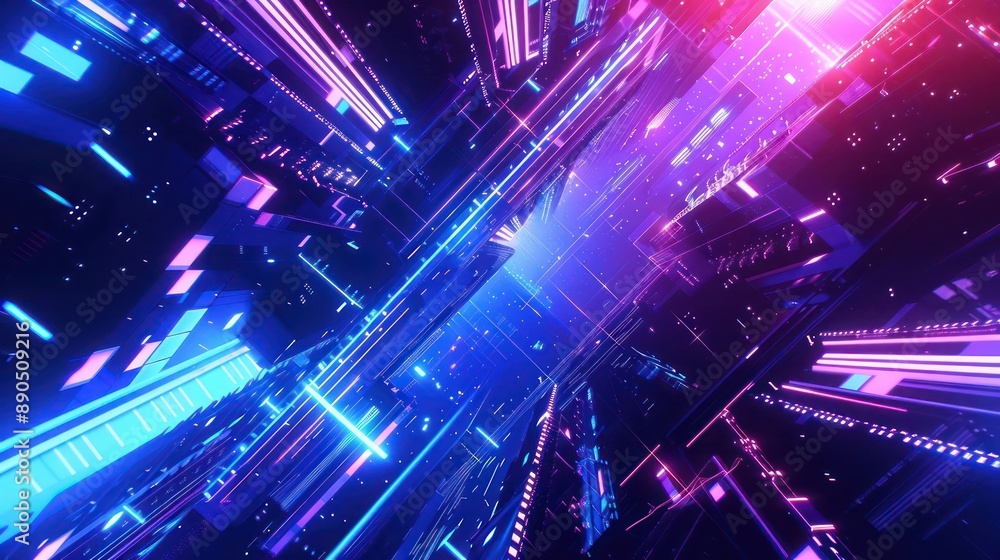 Poster surreal sci-fi abstract background with neon blue and purple hues, featuring geometric shapes and fu
