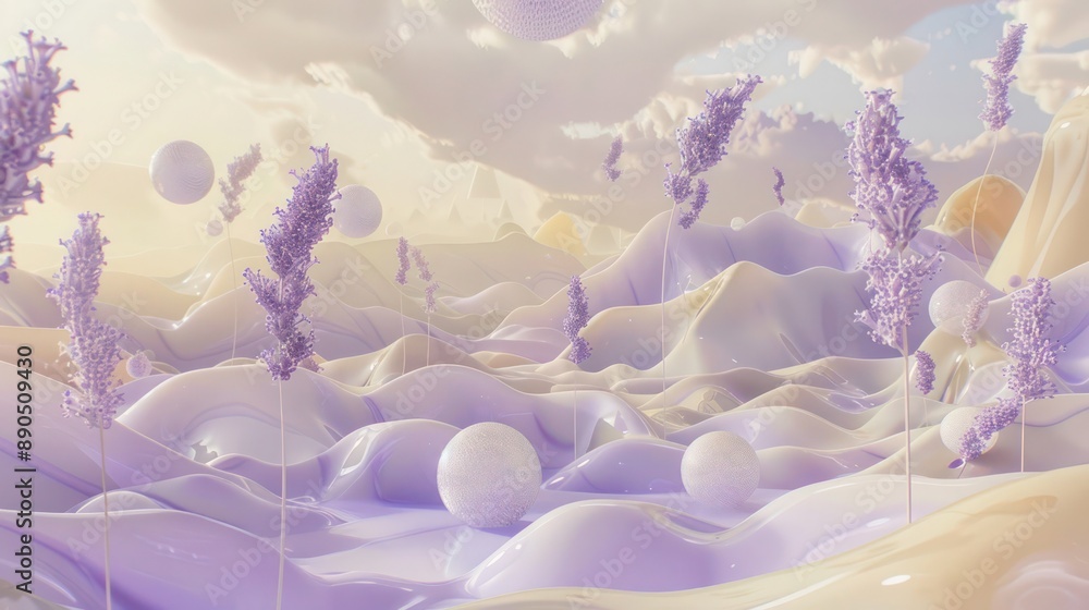 Poster tranquil 3d dreamscape featuring distorted perspectives and gentle floating elements in soft lavende