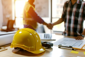 Close up of a yellow helmet on a table with two people in the background shaking hands, a construction concept with building plans in an office.