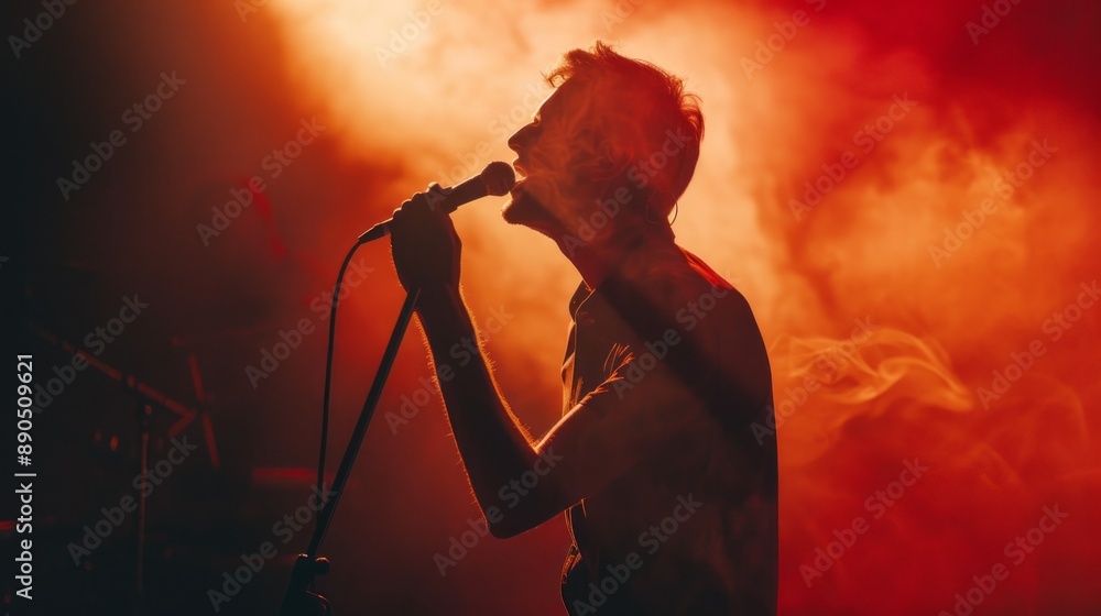 Poster a man is singing into a microphone in front of a red background