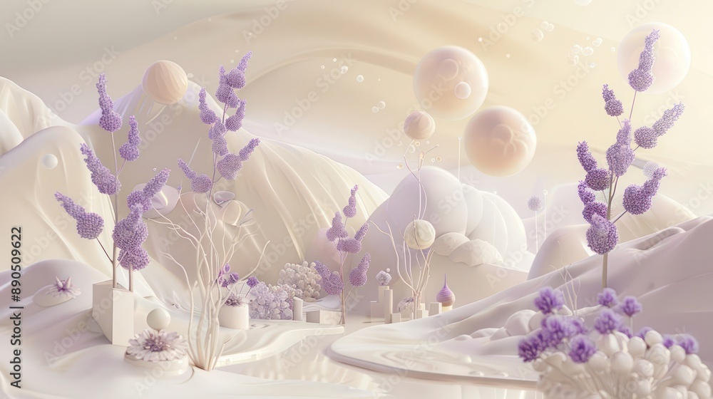 Poster tranquil 3d dreamscape featuring distorted perspectives and gentle floating elements in soft lavende