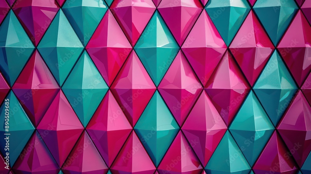 Poster turquoise and magenta 3d tessellations with repeating diamond shapes, creating a striking geometric 