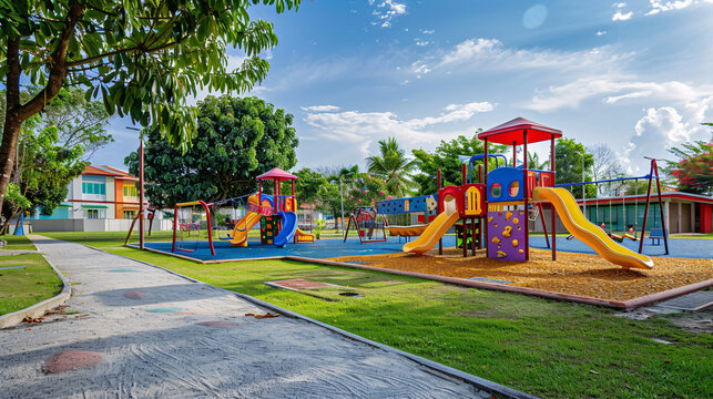 A large, colorful playground with various equipment such as slides, swings, and climbing structures. The playground is empty but well-maintained, with green grass and a backdrop of trees 