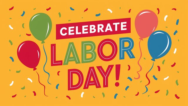 Bright and Cheerful Labor Day Graphic with "Celebrate Labor Day" Text, Balloons, and Confetti