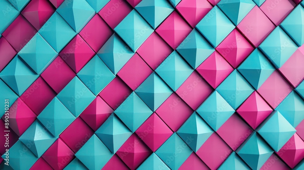 Poster turquoise and magenta 3d tessellations with repeating diamond shapes, creating a striking geometric 