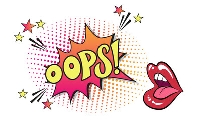 Comic lettering oops with red lips and an open mouth. Vector bright cartoon illustration in retro pop art style. Comic text sound effects. EPS 10.	