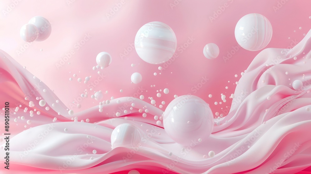 Poster whimsical 3d abstract background with soft, flowing shapes and unexpected floating objects in pastel
