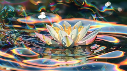 Crystal-clear water reflects a water lily in bloom, with rainbow light waves dancing around it. This image represents the beauty and harmony of life's natural rhythm.