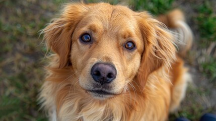 Obraz premium A golden retriever dog sits in a grassy field, looking up directly at the camera with big, brown eyes