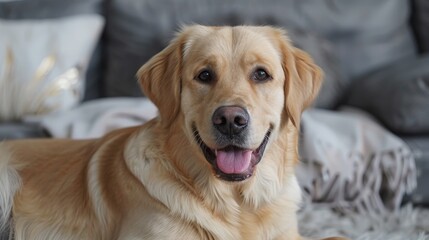 A golden retriever dog is lying down on a couch with a fluffy blanket. The dog has a white collar and is looking at the camera with its mouth open. The dog's tongue is visible