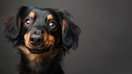 A black and tan Dachshund looks up with a curious expression, tilting its head slightly