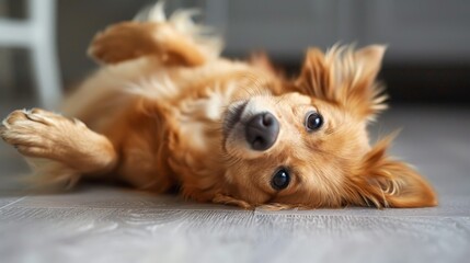 A golden retriever puppy lies on its back on a gray floor, looking up with big, curious eyes