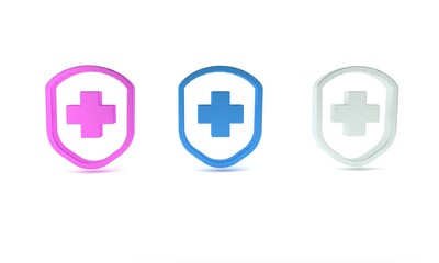 Obraz premium Colorful Medical shield with cross icon isolated on white background. Protection, safety, password security. Minimalism concept. 3D render illustration