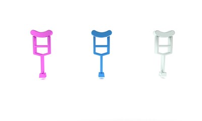 Colorful Crutch or crutches icon isolated on white background. Equipment for rehabilitation of people with diseases of musculoskeletal system. Minimalism concept. 3D render illustration