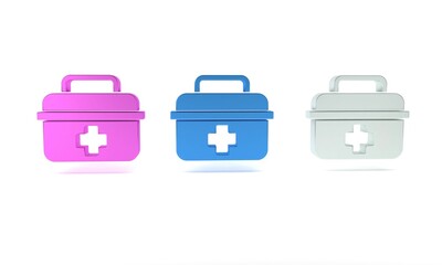 Colorful First aid kit icon isolated on white background. Medical box with cross. Medical equipment for emergency. Healthcare concept. Minimalism concept. 3D render illustration