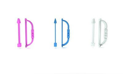 Colorful Bow and arrow in quiver icon isolated on white background. Minimalism concept. 3D render illustration