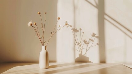 Dried flowers in a white vase on a table, lit by the sun