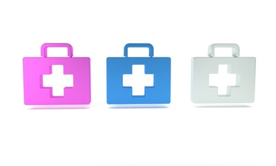 Obraz premium Colorful First aid kit icon isolated on white background. Medical box with cross. Medical equipment for emergency. Healthcare concept. Minimalism concept. 3D render illustration
