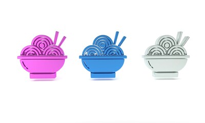 Colorful Asian noodles in bowl and chopsticks icon isolated on white background. Street fast food. Korean, Japanese, Chinese food. Minimalism concept. 3D render illustration