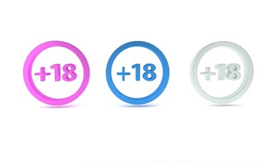 Colorful Plus 18 movie icon isolated on white background. Adult content. Under 18 years sign. Minimalism concept. 3D render illustration