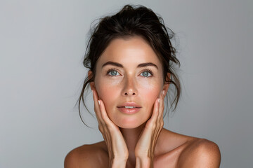 A charming woman showcasing her vibrant skin texture and touching her face against a plain backdrop