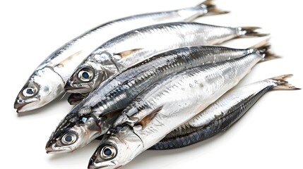 Fototapeta premium Whole Shiny Silver Anchovies on Minimalistic White Background Highlighting Fresh Texture