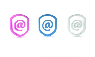 Obraz premium Colorful Shield with mail and e-mail icon isolated on white background. Guard sign. Security, safety, protection, privacy concept. Minimalism concept. 3D render illustration