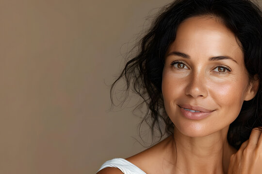 A captivating Asian woman unveiling her sleek skin texture against a neutral background