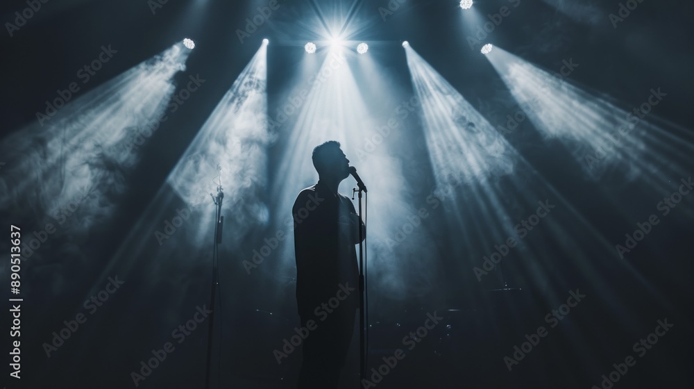Poster a man stands in front of a microphone with a microphone stand behind him