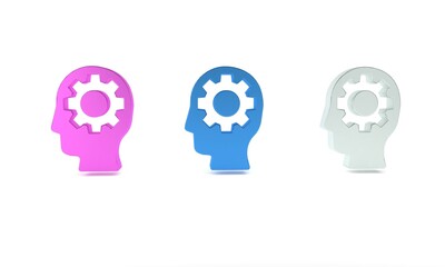 Colorful Human head with gear inside icon isolated on white background. Artificial intelligence. Thinking brain. Symbol work of brain. Minimalism concept. 3D render illustration