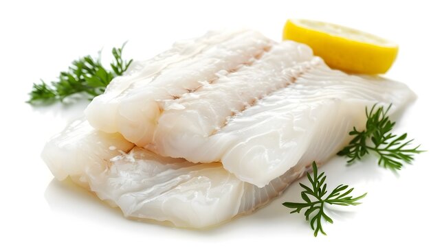 Fresh monkfish fillet on clean white background showcasing its firm texture and light color