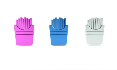 Colorful Potatoes french fries in carton package box icon isolated on white background. Fast food menu. Minimalism concept. 3D render illustration