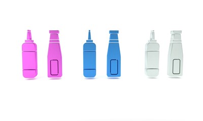 Colorful Sauce bottle icon isolated on white background. Ketchup, mustard and mayonnaise bottles with sauce for fast food. Minimalism concept. 3D render illustration