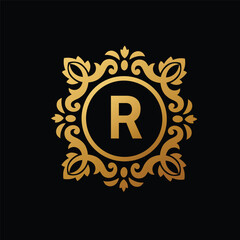 Golden circle Badge ornament with initial capital Letter R