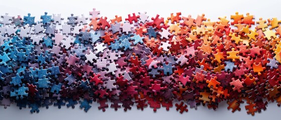 white background White area in the center of the image Piles of colorful jigsaw puzzles scattered everywhere. They come in different shapes and sizes to show diversity.