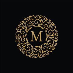 Golden circle Badge ornament with initial capital Letter M